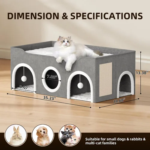 Vista 4 de Top Bed - Condominios para gatos de tres habitaciones, casa para gatos extra ancha todo en 1 para interiores, múltiples gatos familia de cachorros