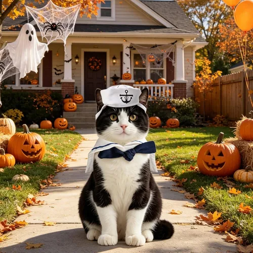 Vista 2 de NAMSAN Disfraz de marinero para mascotas, perros pequeños, conejos, sombrero de marinero de gato de Halloween con cuello de corbata, capa de Blanco