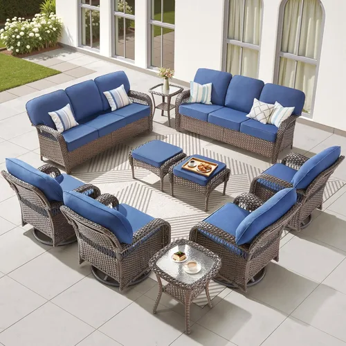 Vista 10 de Sofá de mimbre para patio al aire libre de 75 pulgadas, sofá de ratán para todo tipo de clima, sofá de respaldo alto con asiento profundo y funda