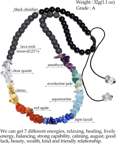 Vista 2 de Jewever Collar largo de 7 chakras para mujer, cristales curativos de Reiki y piedras preciosas, difusor de aceites esenciales, piedra de lava negra