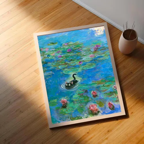 Vista 3 de Divertido arte de pared de gato negro, arte de Monet, decoración de pared de gato de lirio de agua, impresión de póster divertido de gatos negros