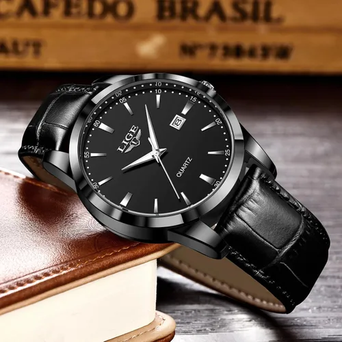 Vista 5 de LIGE Relojes para hombre impermeable analógico vestido vintage cronógrafo analógico casual cuero acero inoxidable movimiento de cuarzo único retro