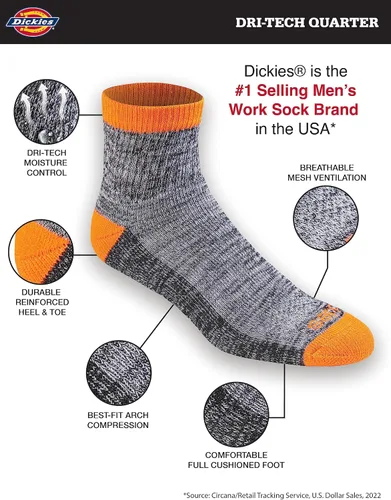 Vista 48 de Dickies Calcetines Dri-Tech para hombre con control de humedad, disponibles en tallas M-XXL (6, 12, 18 pares)