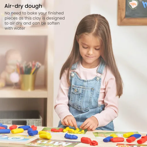 Vista 5 de Arteza Kids Play Dough, kit de aprendizaje del alfabeto, 30 piezas de arcilla seca al aire, 0.8 onzas, rojo, amarillo y azul, 26 tarjetas