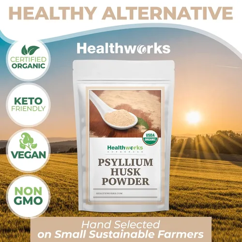 Vista 6 de Healthworks Superfoods Polvo de cáscara de psyllium orgánico 1 lb de fibra soluble Keto Organic, Powder, 1 lb, Soluble Fiber, Digestive Support