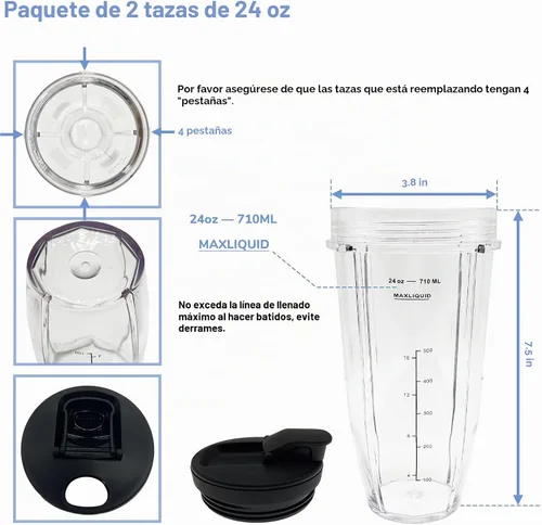 Vista 3 de Vasos de 24 onzas con tapas y 7 aletas Extractor de piezas de repuesto compatibles con Nutri Ninja Auto iQ AMZ493BRN BL450-30 BL456-30 BL480-30
