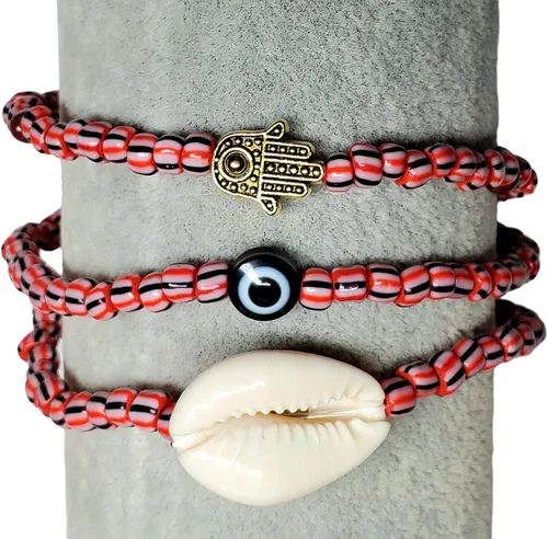 Vista 38 de 3 pcs Ilde Cowrie seashell Evil Eye Hamsa Hand Orisha Santeria Pulseras Bracelet Set