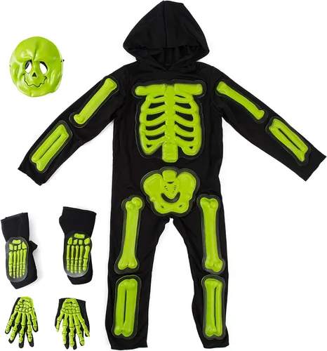 Vista 2 de Disfraz de esqueleto para niños, para Halloween, disfraz espeluznante con máscara de calavera