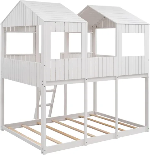 Vista 6 de Litera de madera con techo, ventana, barandilla y escalera, color blanco