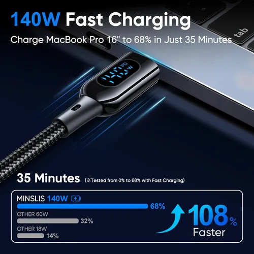 Vista 2 de DC03 - Cable USB C a USB C, 140 W PD de suministro de energía con pantalla LED, cable de carga rápida tipo C, cable de carga trenzado de nailon