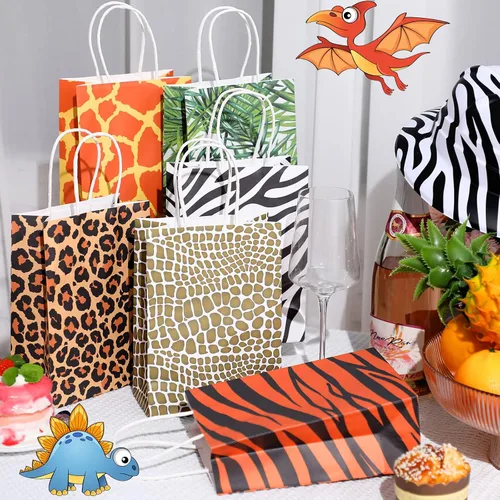 Vista 2 de 24 bolsas de regalo con estampado de animales, safari, selva, fiesta, bolsa con asa, bolsas de papel zoológico de animales para golosinas de vida