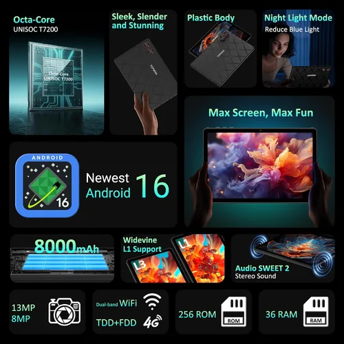 Vista 2 de TOPWAH - Tableta Android de 11 pulgadas con teclado, 36 GB de RAM + 256 GB de ROM (expansión de 1 TB), tabletas de pantalla ISP 2K, 8000 mAh, T606