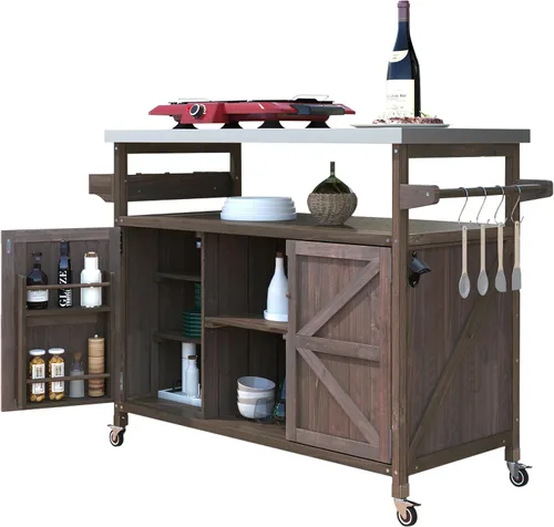 Vista 9 de Mesa grande para parrilla al aire libre, de madera maciza, para exteriores, isla de cocina, mesa de bar con parte superior de acero inoxidable