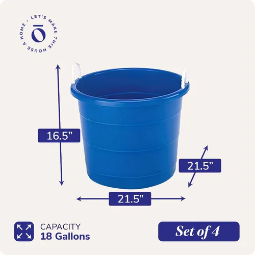 Vista 4 de HOMZ Paquete de 4 cubos utilitarios, cubo grande de almacenamiento de plástico con asas de cuerda, 18 galones, color azul, cubos portátiles