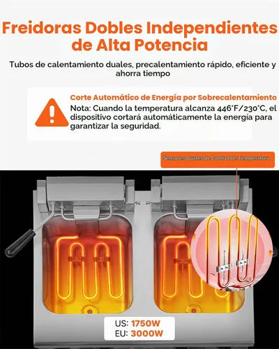 Vista 3 de VEVOR Freidora comercial, 2 freidora de aceite doble de 9 cuartos / 8.5 L con 2 cestas, acero inoxidable de 0.039 pulgadas de grosor, freidora