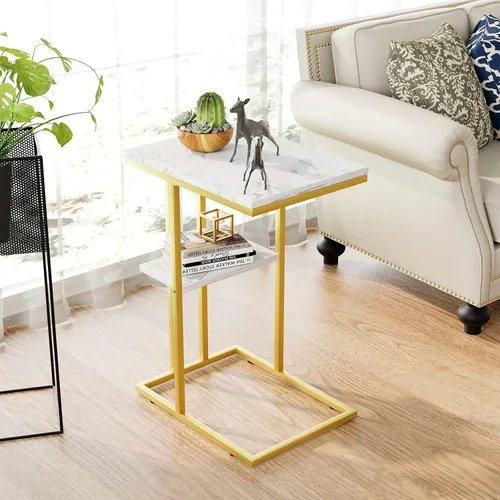 Vista 2 de Easy Paws - Mesa auxiliar en forma de C, mesa lateral pequeña para sofá y cama, mesa de aperitivos dorada para espacios pequeños, sala de estar