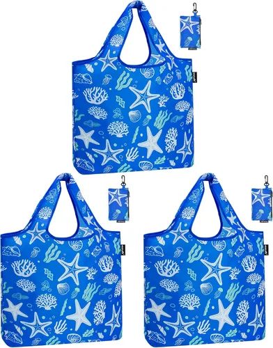 Vista 12 de HOLYLUCK Bolsas de comestibles reutilizables, bolsa de compras plegable resistente (estándar, 3 huellas de patas de perro azules)