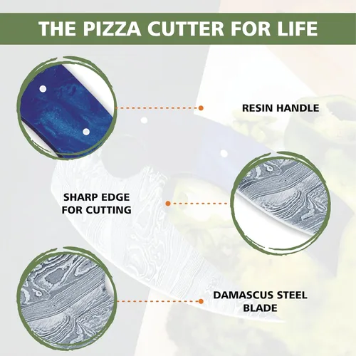 Vista 3 de Damascus Steel Alaskan Ulu con funda, cortador de pizza perfecto de 5.8 pulgadas, picador Mezzaluna para cocina, auténtico diseño esquimal inuit