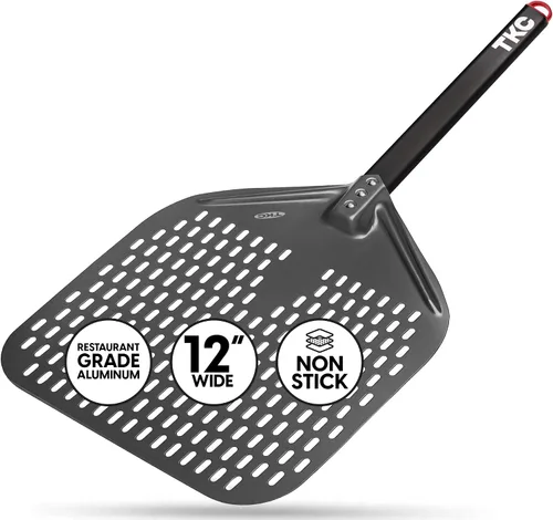 Vista 2 de TKC Cáscaras perforadas de pizza de 12 pulgadas y 8 pulgadas – Pelar profesional de aluminio para pizza – Espátula de pizza de metal de mango largo
