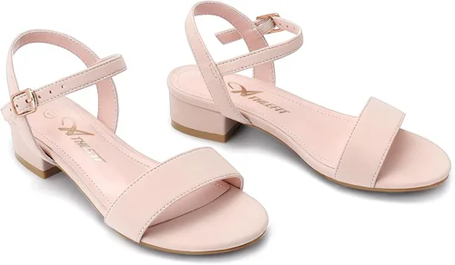 Vista 16 de Athlefit Sandalias para niñas, puntera abierta, correa en el tobillo, tacones bajos, zapatos de vestir para niñas pequeñas y grandes