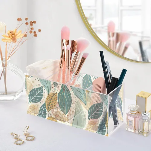 Vista 5 de Boho Style Leaves Pen Pencil Holder for Desk, Decorative Pen Holders 4 Compartments, Makeup Brush Cup Acrylic Desk Organizer for Office Classroom