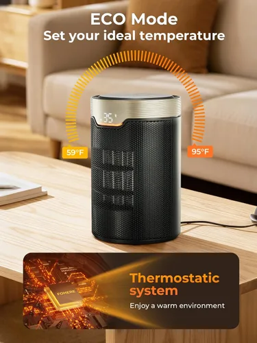 Vista 4 de FOHERE Calentador de espacio, con certificación ETL de 1500 W PTC, calentadores eléctricos portátiles con termostato, temporizador de 24 horas