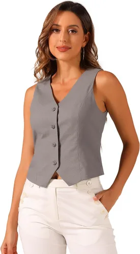 Vista 15 de Allegra K Chaleco para mujer, de verano, algodón, lino, sin mangas, con botones, cuello en V, totalmente forrado, chalecos recortados Negro