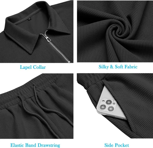 Vista 5 de URRU Conjunto de camisa polo y pantalones cortos para hombre, trajes de verano casuales de manga corta para hombre, conjunto de 2 piezas