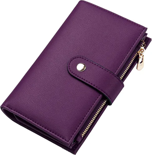 Vista 12 de yiijay Cartera para mujer con bloqueo RFID, de cuero vegano, triple pliegue, tarjetero para tarjetas de crédito, cartera de viaje con soporte