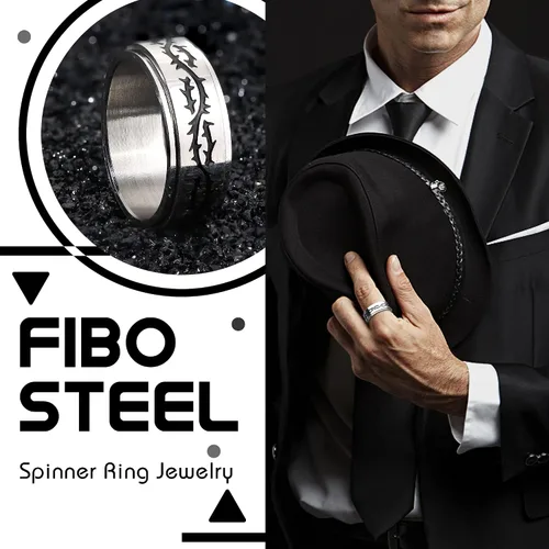 Vista 2 de FIBO STEEL Anillo giratorio de acero inoxidable para hombres y mujeres, anillos de ansiedad para aliviar el estrés de boda, anillo de promesa