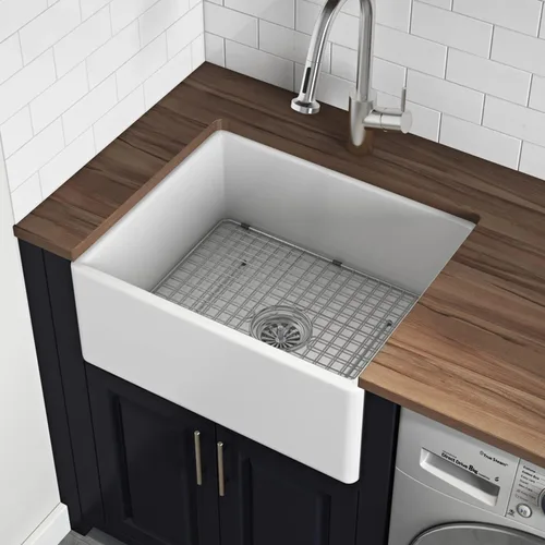 Vista 2 de Ruvati 23 x 18 pulgadas Fregadero de Cocina de Arcilla Refractaria, Modelo Farmhouse con Delantal Delantero, de Una Cubeta - Blanco - RVL2468WH