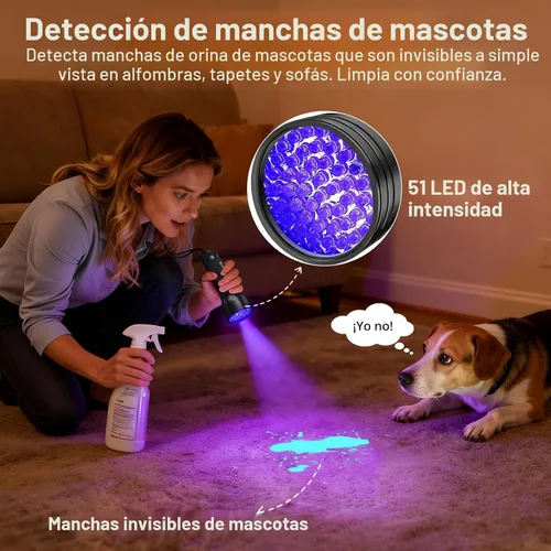 Vista 2 de Linterna de luz negra UV para detección de orina de mascotas Vansky, detector ultravioleta de 51 leds para orina de perro/gato, manchas secas