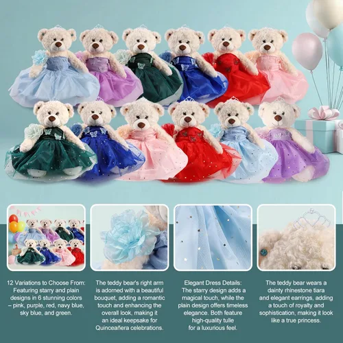 Vista 3 de Muñeca de quinceañera con vestido de membrillo con vestido, decoraciones de quinceañera para regalos de niñas, OSO de peluche para 15 años