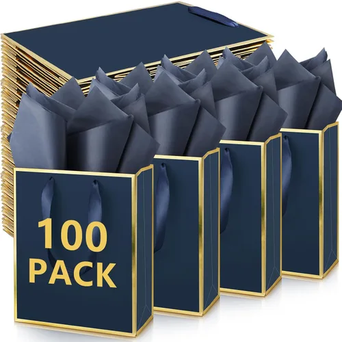 Vista 17 de Yeaqee Paquete de 100 bolsas metálicas de regalo con asa y papel de seda de papel de seda dorado para graduación, boda, padrinos de boda, regalos