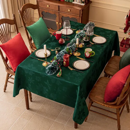 Vista 3 de Softalker - Mantel navideño de jacquard, mantel rectangular de damasco vintage de invierno, mantel de poliéster impermeable con copos de nieve