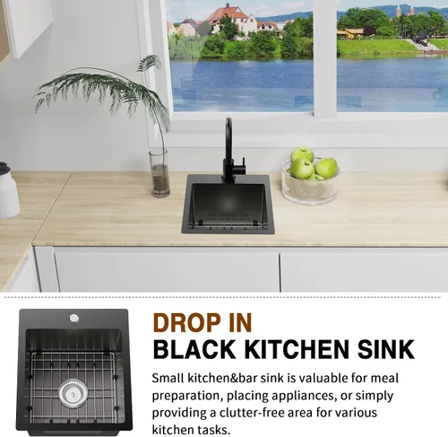 Vista 3 de Fregadero de cocina negro, fregadero de barra de acero inoxidable de 15 x 17 pulgadas, fregadero de cocina pequeño, elección ideal para espacios