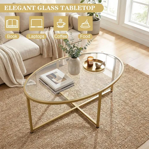Vista 4 de Wolawu Mesa de centro ovalada dorada de vidrio para sala de estar, mesas de té modernas con marco de metal dorado para espacios pequeños, mesa