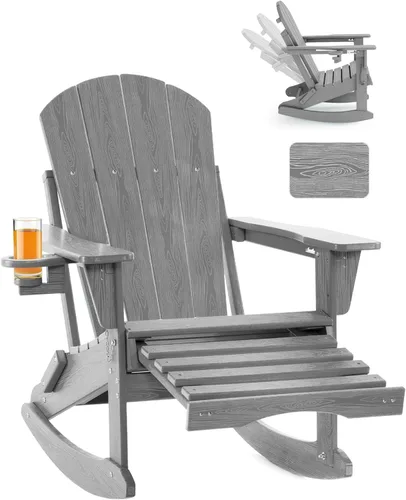 Vista 12 de Mecedora plegable Adirondack, silla de patio multifuncional 4 en 1 con otomana retráctil, silla de exterior con textura de madera, silla de césped