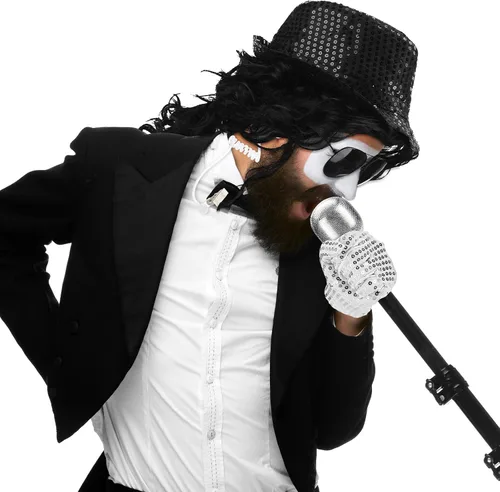 Vista 4 de 6 piezas de disfraz pop de Halloween, disfraz de estrella de baile con guante, sombrero, lentes de sol, auricular, peluca con micrófono
