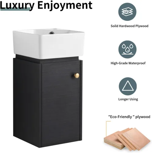 Vista 6 de Tocador de baño flotante de 12 pulgadas con fregadero, tocador de pared de 12 pulgadas, tocador de esquina, con 1 puerta y lavabo de cerámica