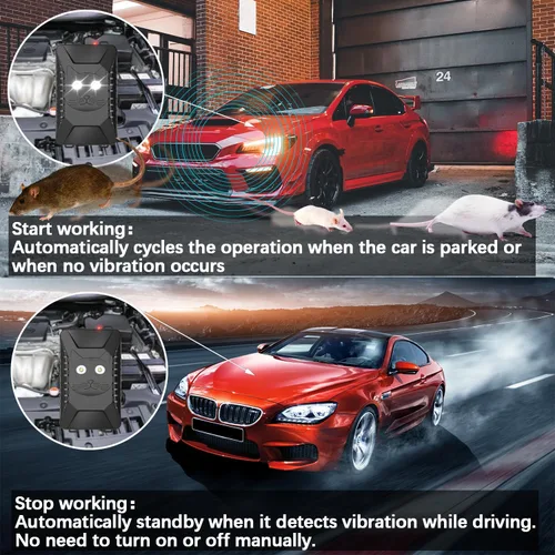 Vista 4 de Tirgo 2 piezas Repelente de Roedores para Coche Bajo el Capó, Repelente de Ratones Ultrasónico con Luz Estroboscópica, Alimentado por Batería
