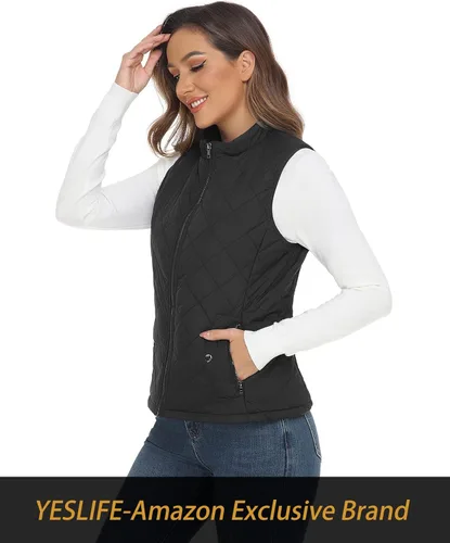 Vista 4 de YESLIFE Chaleco de moda para mujer con un bolsillo interior cuello alto ligero con cremallera acolchado para mujer