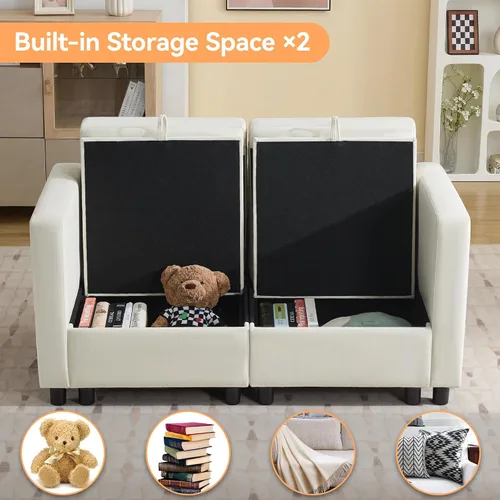 Vista 3 de WUTUTUEE Sofá biplaza modular de 58 pulgadas, sofá biplaza moderno de 2 plazas con almacenamiento, sofá modular de felpilla para sala de estar, Beige