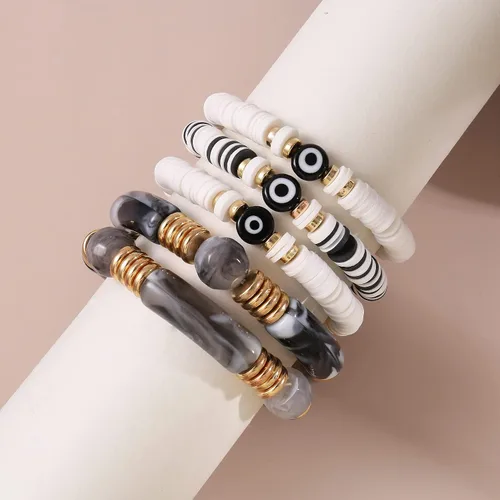 Vista 4 de Joya Love Brazalete de cuentas de verano con cara sonriente, ojo malvado, de bambú, acrílico, arcilla Heishi, pulseras de cuentas para mujer