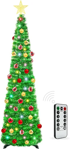 Vista 10 de HISFFOG Árbol de Navidad de Oropel Emergente Preiluminado de 5 Pies con 8 Modos de Ajuste de Luz, 50 Luces de Colores con Control Remoto, Operado