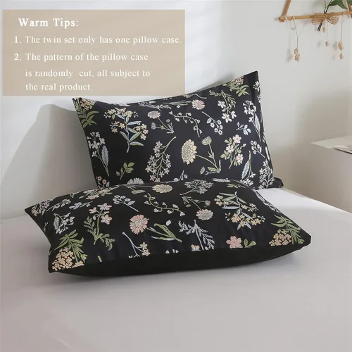 Vista 6 de Juego de edredón floral tamaño Twin, edredón negro estampado de hojas de flores botánicas amarillas y verdes para niños, adolescentes y mujeres