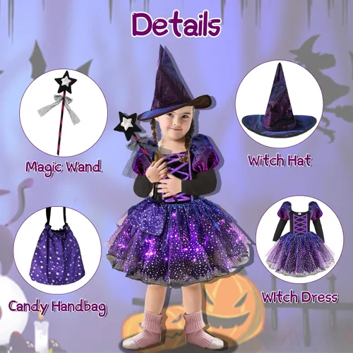 Vista 2 de Kitimi Light Up Witch Costume for Girls, Carnival Girls Witch Costume, Kids Toddler Witch Costume, Witch Costume for Party