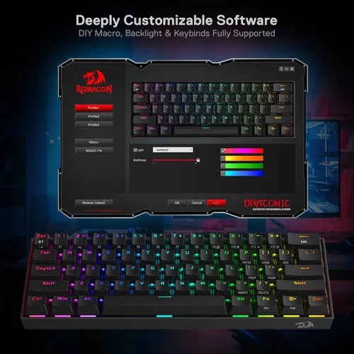 Vista 8 de Redragon K530 Pro Draconic - Teclado mecánico RGB 60% inalámbrico, Bluetooth2.4Ghzcable 3 modos 61 teclas teclado compacto para juegos con enchufe