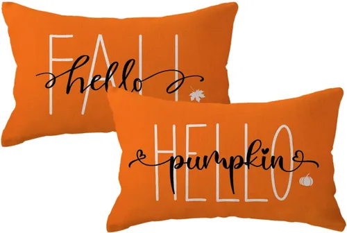 Vista 16 de Fundas de almohada naranjas de otoño de 12 x 20 pulgadas, paquete de 2 fundas de almohada decorativas rectangulares/lumbar, fundas de cojín de Hello