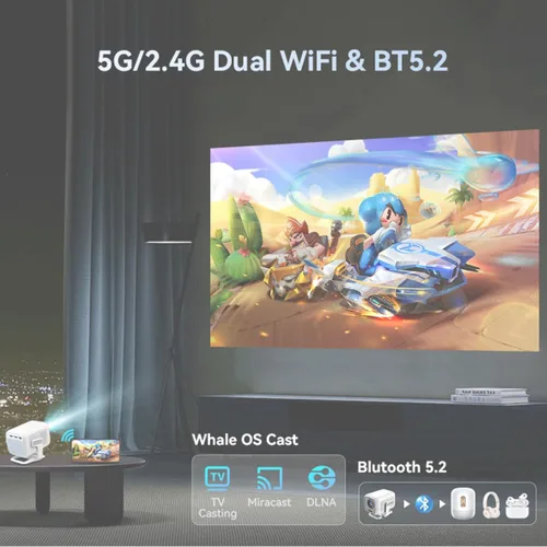 Vista 5 de Mini proyector con wifi y bluetooth pequeño, compatible con proyector portátil 4K 1080P Android 11,200 lúmenes ANSI, rotación de 180°, corrección